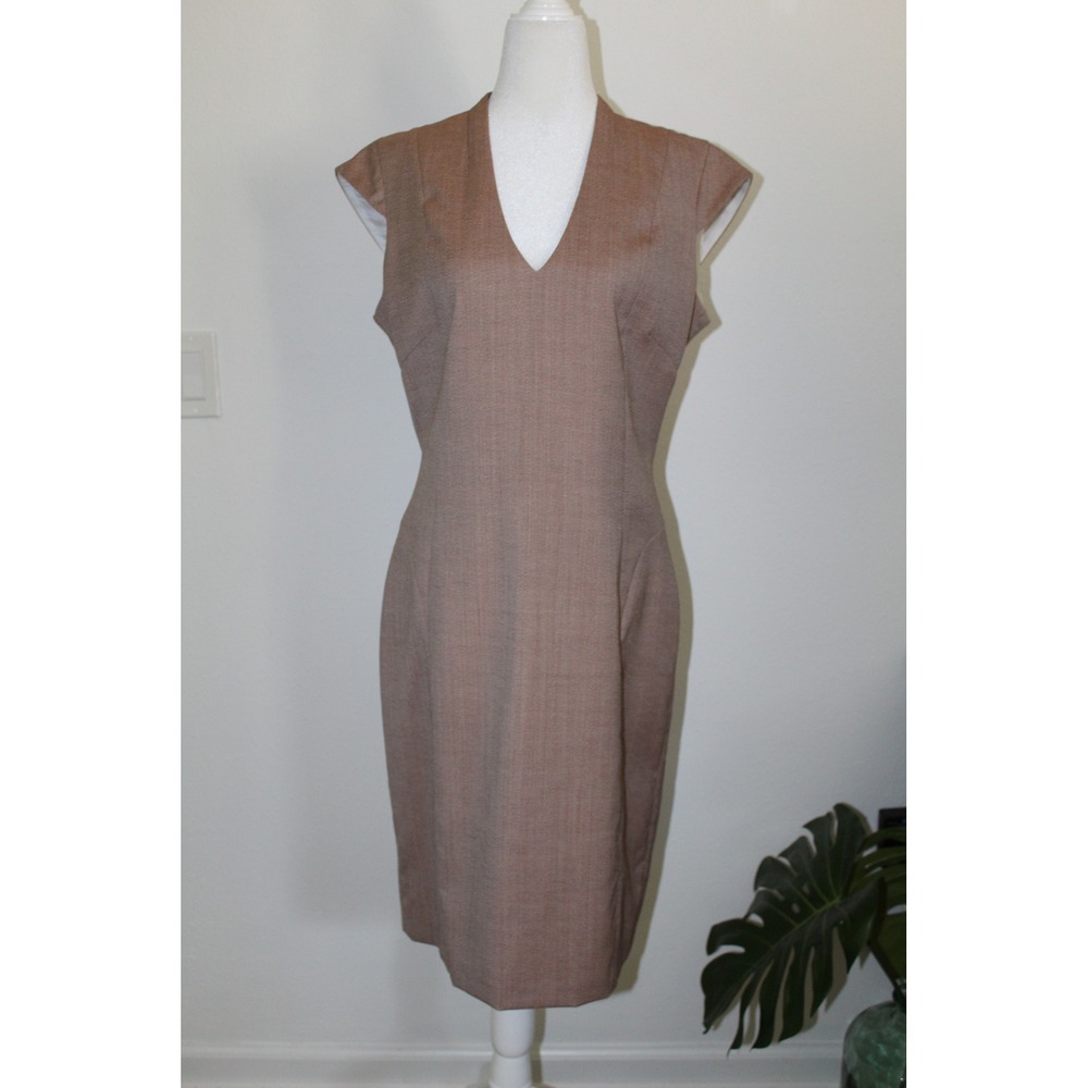 Reiss Turner Wool Blend V-Neck Cap Sleeve Sheath Dress Mauve Brown Size 10